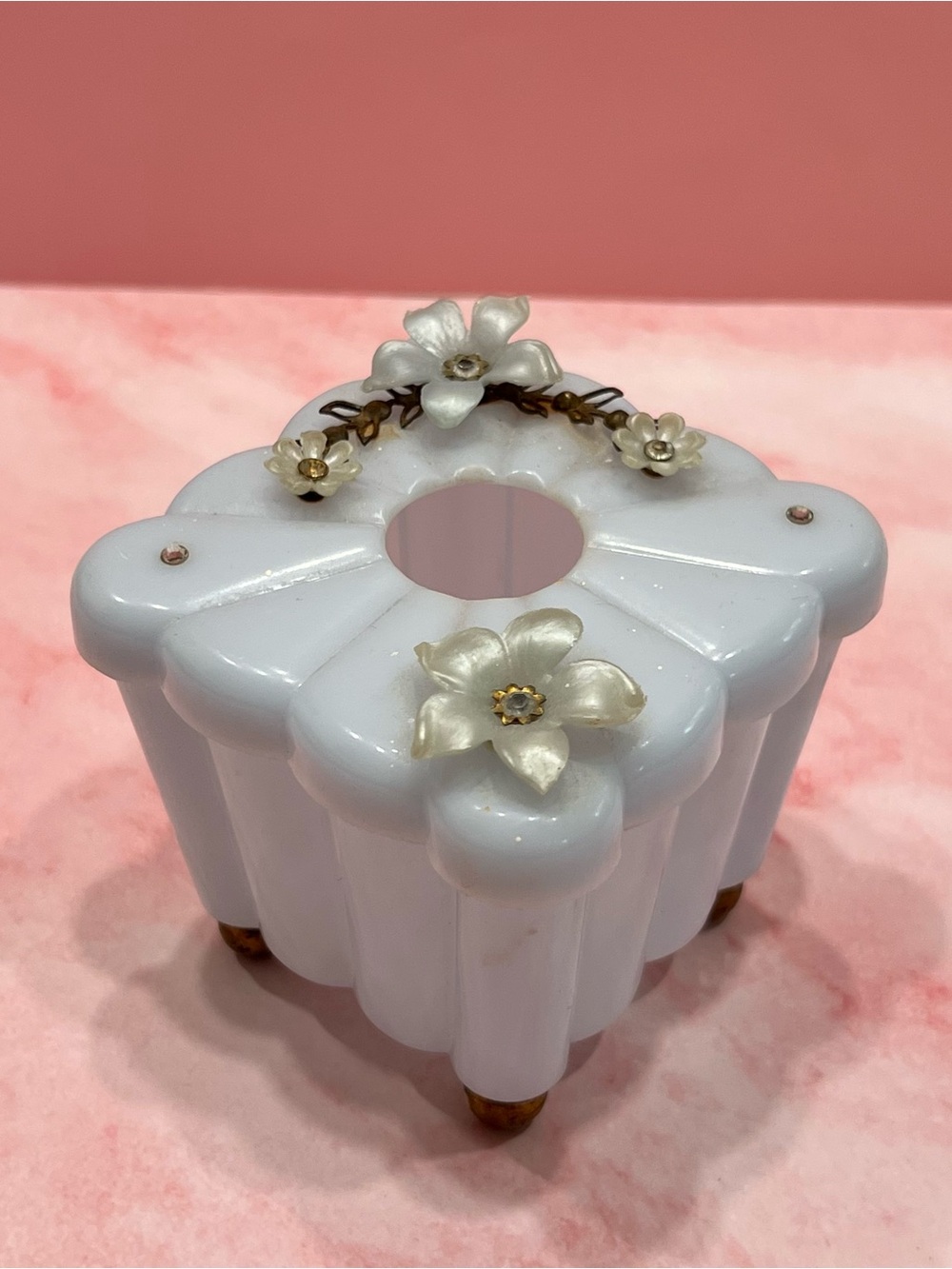 Vintage 1950s White Tissue Box Cover Jeweled Rhinestone Floral Hollywood Regency